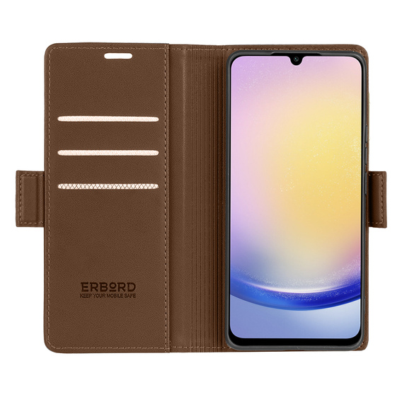 Pouzdro pro Samsung Galaxy A25 5G, ERBORD Glossy Litchi, flipová peněženka, hnědé