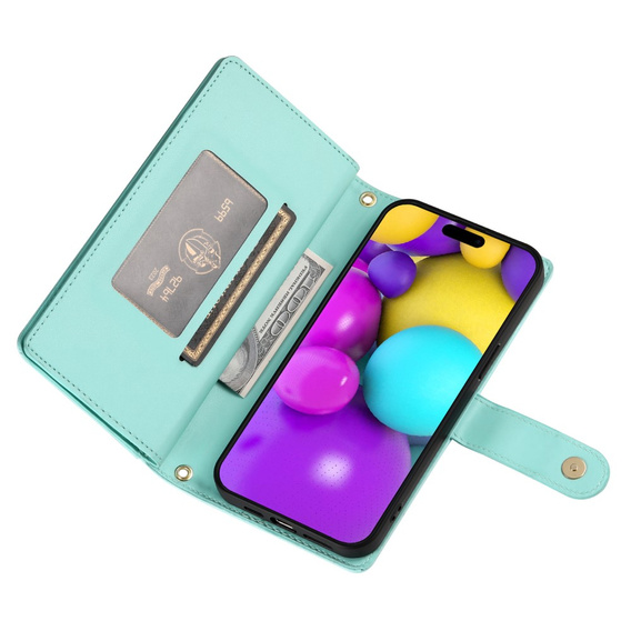 Klopové pouzdro pro iPhone 16, Wallet Zipper Pocket, zelené