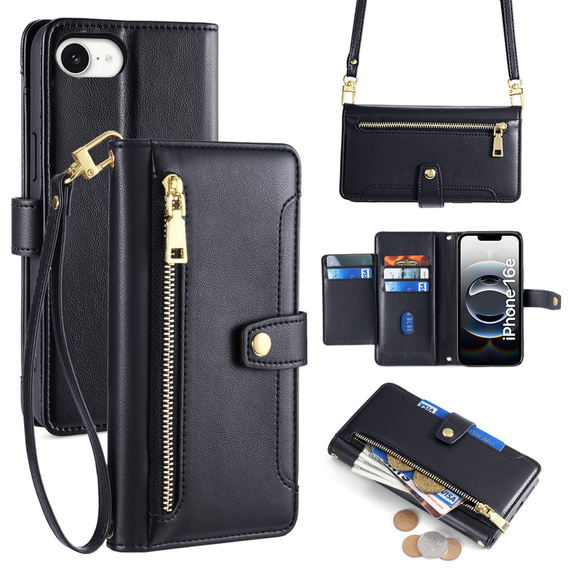 Klopové pouzdro pro iPhone 16E, Wallet Zipper Pocket, černé