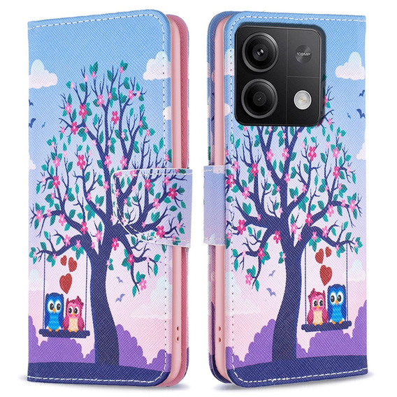 Klopové pouzdro pro Xiaomi Redmi Note 13 5G, Wallet, Owls & Tree modré