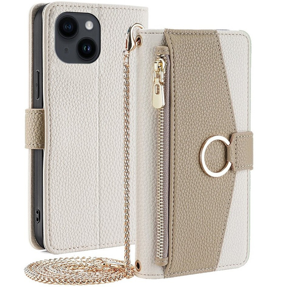 Klopové pouzdro pro iPhone 15, Wallet Zipper Pocket, se zrcadlem, bílé