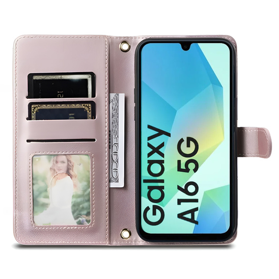 Pouzdro s klopou pro Samsung Galaxy A16, Rhombus Crossbody Leather, růžové rose gold