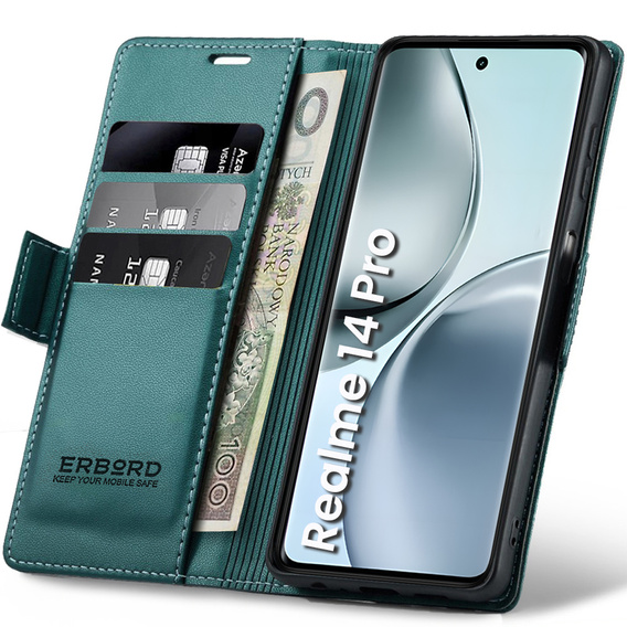 Pouzdro pro Realme 14 Pro 5G, ERBORD Glossy Litchi, flipová peněženka, zelené