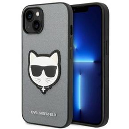 Pouzdro Karl Lagerfeld pro iPhone 14, Saffiano Choupette Head Patch, stříbrné