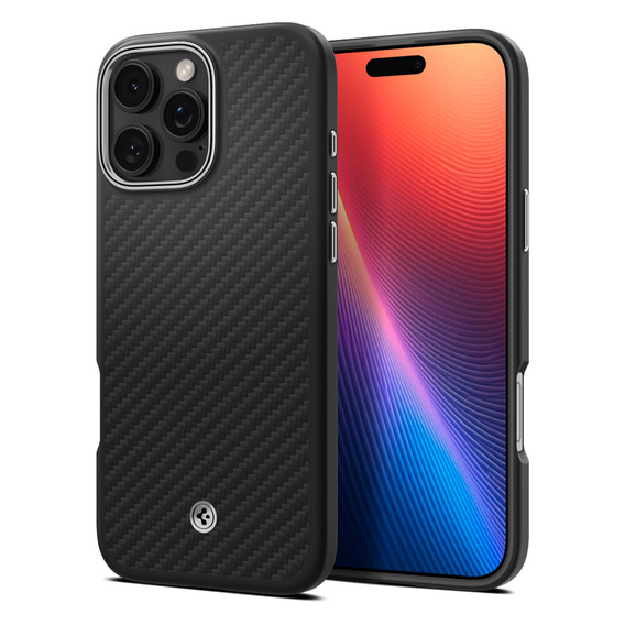 Pouzdro Spigen pro iPhone 16 Pro, Enzo Aramid MagSafe, karbonově černá / stříbrná + 9H tvrzené sklo