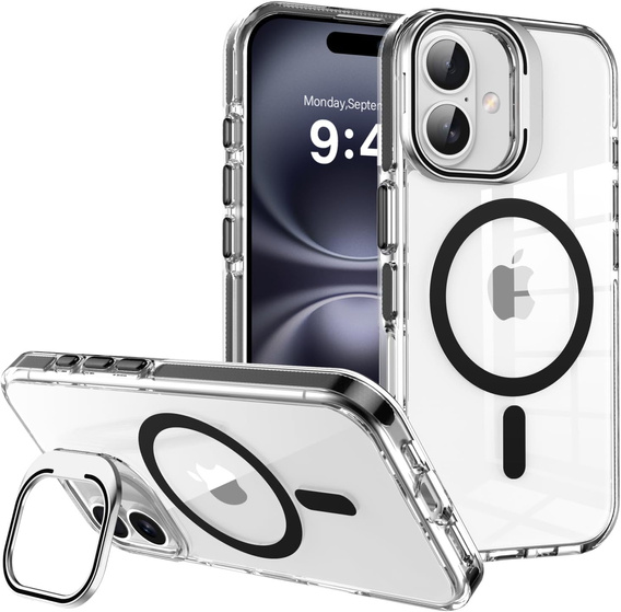 Pouzdro pro iPhone 17, pro MagSafe, se stojánkem, průhledné s černými vložkami