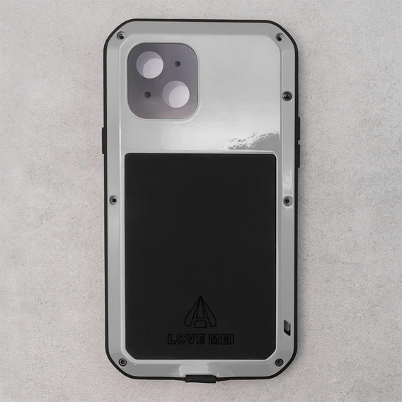 Pouzdro Love Mei pro iPhone 13 Mini, armored with glass, stříbrné