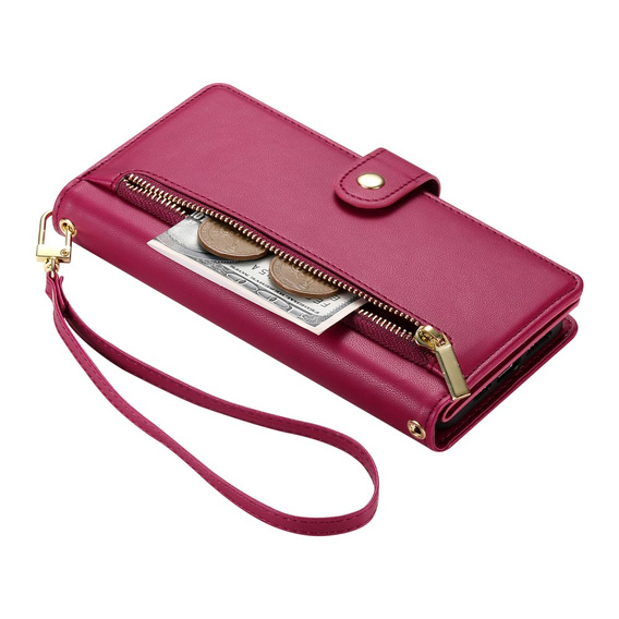 Klopové pouzdro pro iPhone 16 Plus, Wallet Zipper Pocket, červené