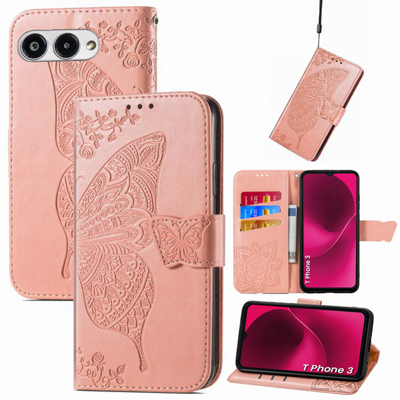 Klopové pouzdro pro T Phone 3 5G, Butterfly, růžové rose gold
