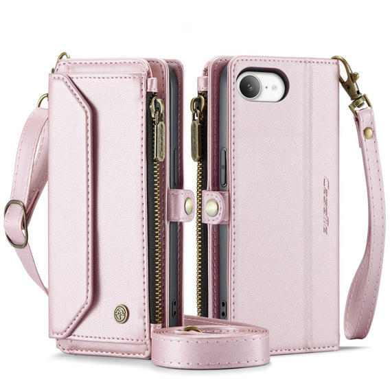 Pouzdro CASEME pro iPhone16E, RFID Leather Wallet, s popruhem přes rameno, růžové