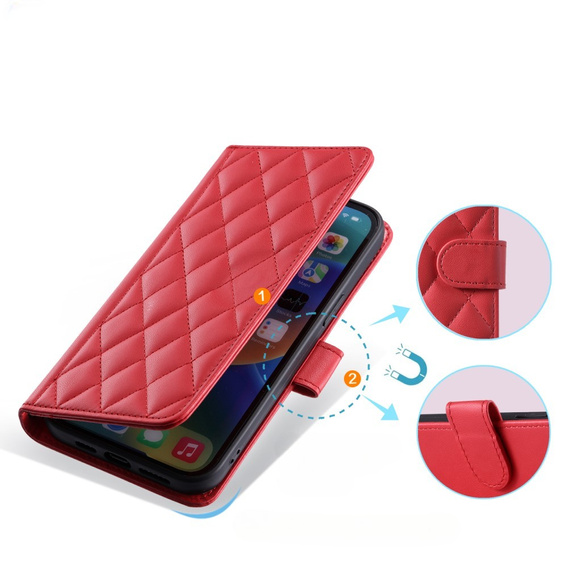 Pouzdro s klopou pro iPhone 16 Pro, Rhombus Crossbody Leather, červené
