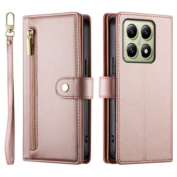 Klopové pouzdro pro Xiaomi 14T, Wallet Zipper Pocket, růžové