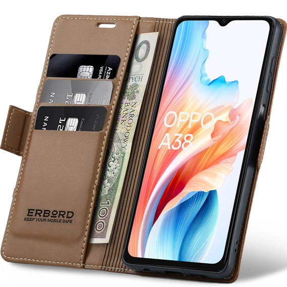 Pouzdro pro Oppo A18 4G / A38 4G, ERBORD Glossy Litchi, flipová peněženka, hnědé