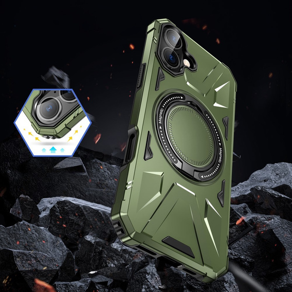 Pouzdro pro iPhone 16, pancéřované se stojánkem a deskou na rukojeť, zelené
