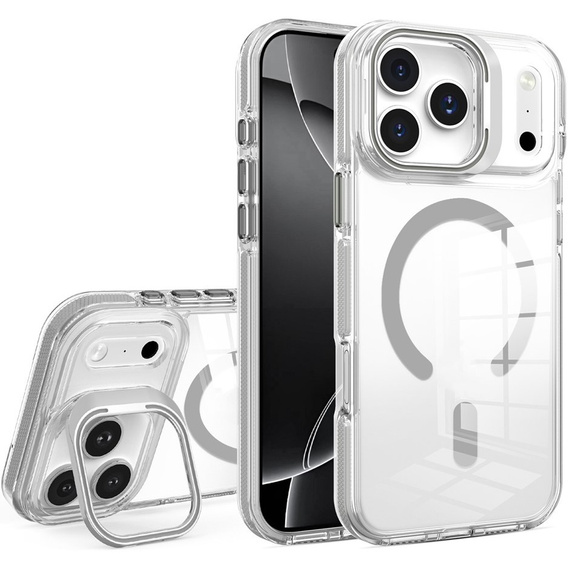 Pouzdro pro iPhone 17 Pro Max, pro MagSafe, se stojánkem, průhledné s šedými vložkami