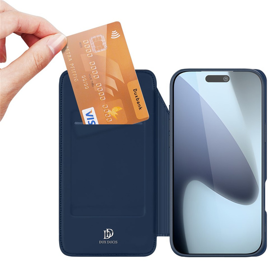 Pouzdro Dux Ducis pro iPhone 17 Pro Max, Skin Pro, s klopou, s přihrádkou na kartu, tmavě modré