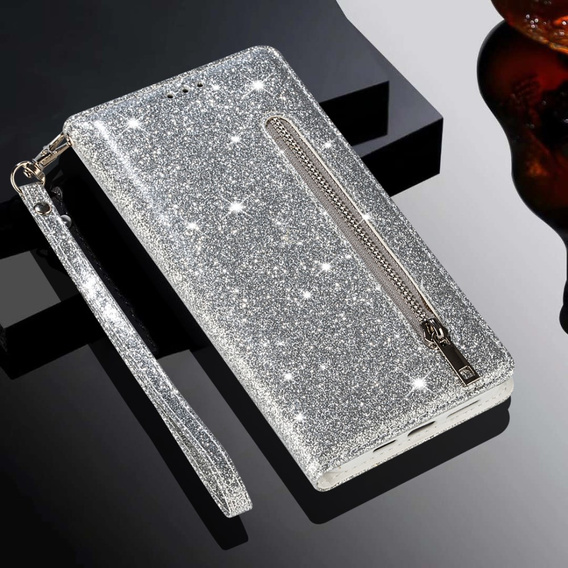 Klopové pouzdro pro Samsung Galaxy A56 5G, Wallet Zipper Pocket Glittery, stříbrné