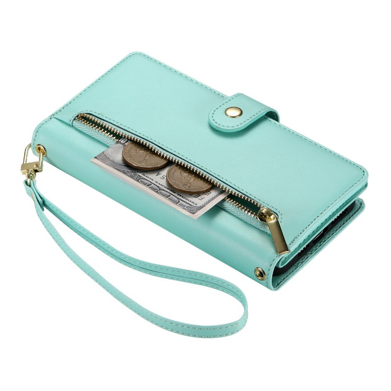 Klopové pouzdro pro iPhone 16, Wallet Zipper Pocket, zelené