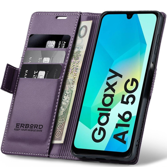 Pouzdro pro Samsung Galaxy A16, ERBORD Glossy Litchi, flipová peněženka, fialové