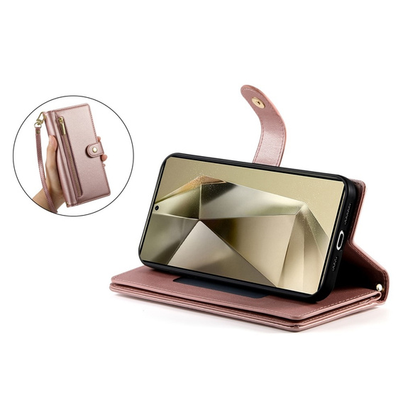 Klopové pouzdro pro Samsung Galaxy S25 Ultra, Wallet Zipper Pocket, růžové