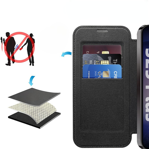 Klopové pouzdro pro Samsung Galaxy S25, RFID Rhombus Wallet MagSafe CamShield, černé