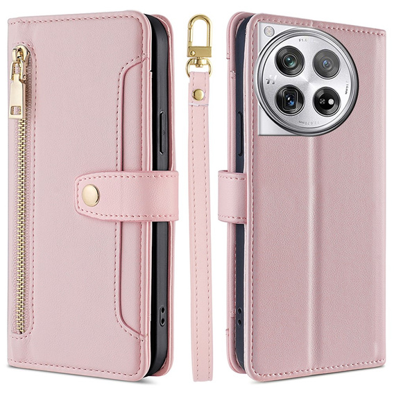 Klopové pouzdro pro OnePlus 12 5G, Wallet Zipper Pocket, růžové