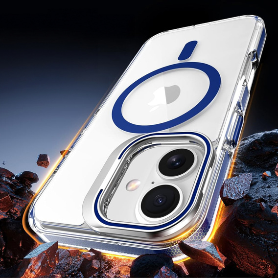 Pouzdro pro iPhone 17, pro MagSafe, se stojánkem, průhledné s tmavě modrými vložkami