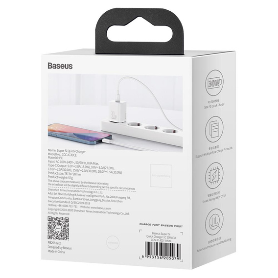 Baseus Super Si PD 30 W síťová nabíječka, 1× USB-C pro smartphony