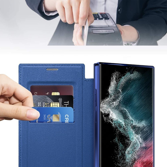 Klopové pouzdro pro Samsung Galaxy S22 Ultra 5G, RFID Wallet MagSafe CamShield, námořnicky modré
