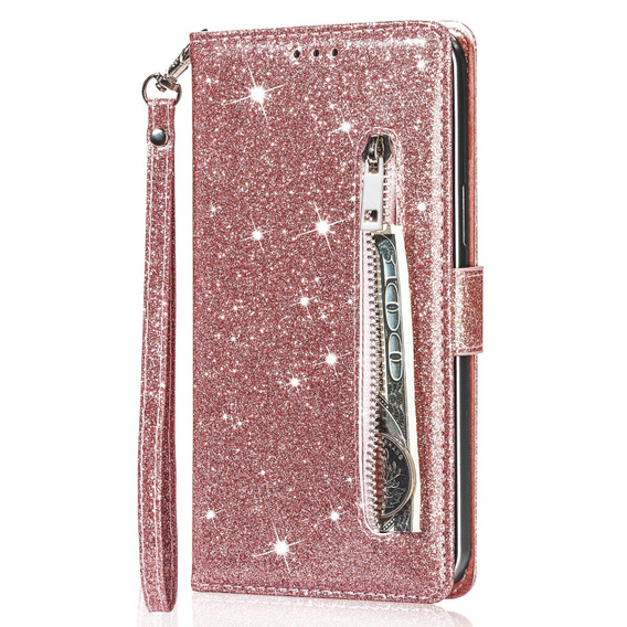 Klopové pouzdro pro Samsung Galaxy A35 5G, Wallet Zipper Pocket Glittery, růžové rose gold
