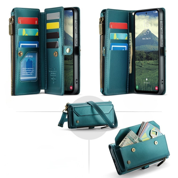 Pouzdro CASEME pro Samsung Galaxy A56 5G, RFID Leather Wallet, s popruhem přes rameno, zelené
