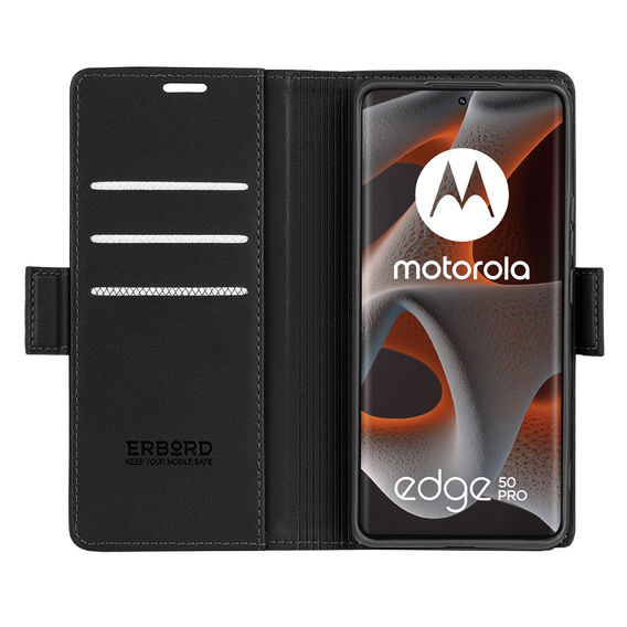 Pouzdro pro Motorola Edge 50 Pro, ERBORD Glossy Litchi, flipová peněženka, černé