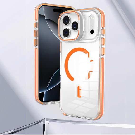 Pouzdro pro iPhone 17 Pro, pro MagSafe, se stojánkem, průhledné s oranžovými vložkami