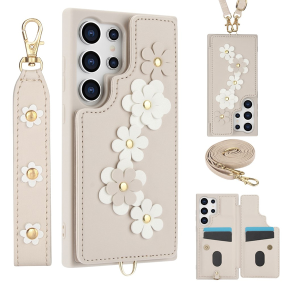 Pouzdro pro Samsung Galaxy S24 Ultra, Leather Flower Card Slot, béžové