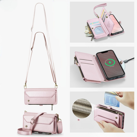 Pouzdro CASEME pro iPhone16E, RFID Leather Wallet, s popruhem přes rameno, růžové