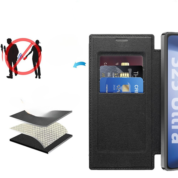 Klopové pouzdro pro Samsung Galaxy S25 Ultra, RFID Rhombus Wallet MagSafe CamShield, černé