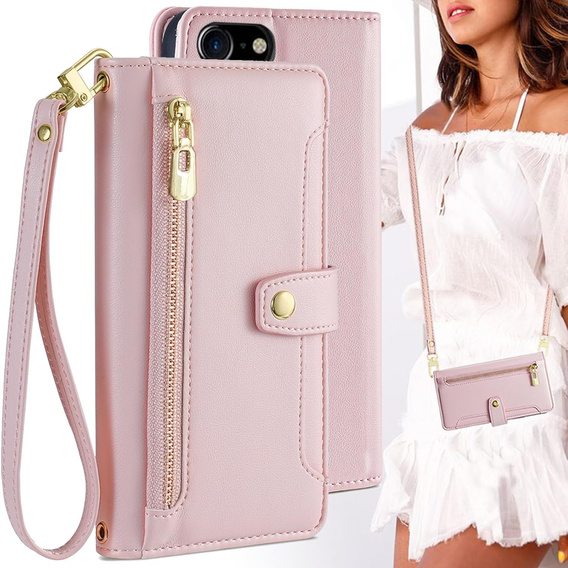 Klopové pouzdro pro iPhone 16E, Wallet Zipper Pocket, růžové