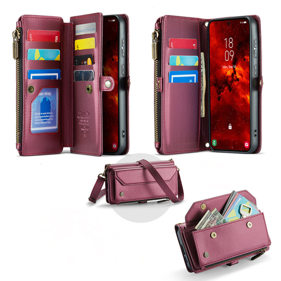 Pouzdro CASEME pro Samsung Galaxy S25 FE, RFID Leather Wallet, s popruhem přes rameno, červené