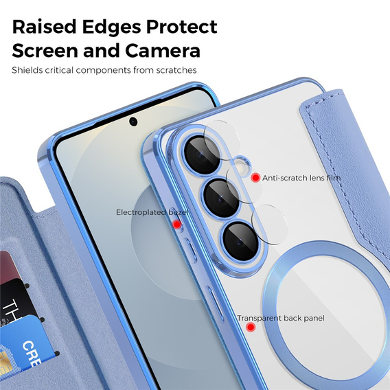 RFID Wallet MagSafe pouzdro s klopou a ochranou fotoaparátu pro Samsung Galaxy S26, modré