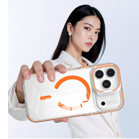 Pouzdro pro iPhone 17 Pro Max, pro MagSafe, se stojánkem, průhledné s oranžovými vložkami
