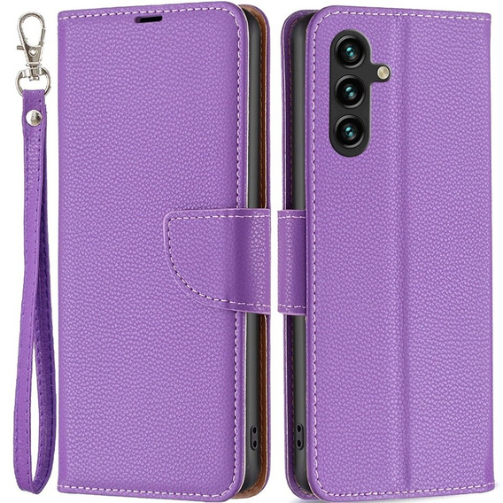Klopové pouzdro pro Samsung Galaxy A15, Wallet Litchi Leather, fialové + 9H sklo 