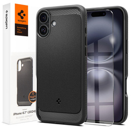 Pouzdro Spigen pro iPhone 16 Plus, Rugged Armor MagSafe, černé + tvrzené sklo 9H
