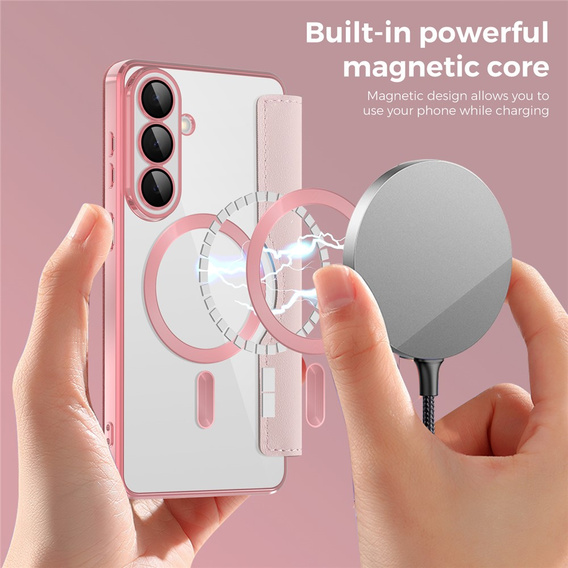 RFID Wallet MagSafe pouzdro s klopou a ochranou fotoaparátu pro Samsung Galaxy S26, růžové
