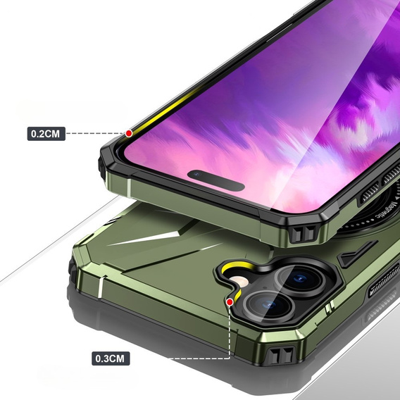 Pouzdro pro iPhone 16, pancéřované se stojánkem a deskou na rukojeť, zelené
