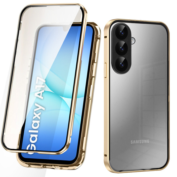 Pouzdro pro Samsung Galaxy A17 5G, magnetické dvojité sklo, průhledné se zlatými boky