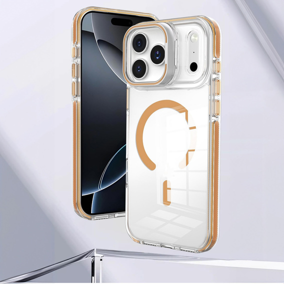 Pouzdro pro iPhone 17 Pro, pro MagSafe, se stojánkem, průhledné se zlatými vložkami