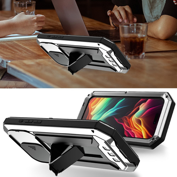 Pouzdro pro iPhone 15 Pro, R-JUST CamShield Slide, pancéřované, stříbrné / černé