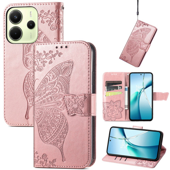 Klopové pouzdro pro Xiaomi Redmi Note 14 4G, Butterfly, růžové rose gold