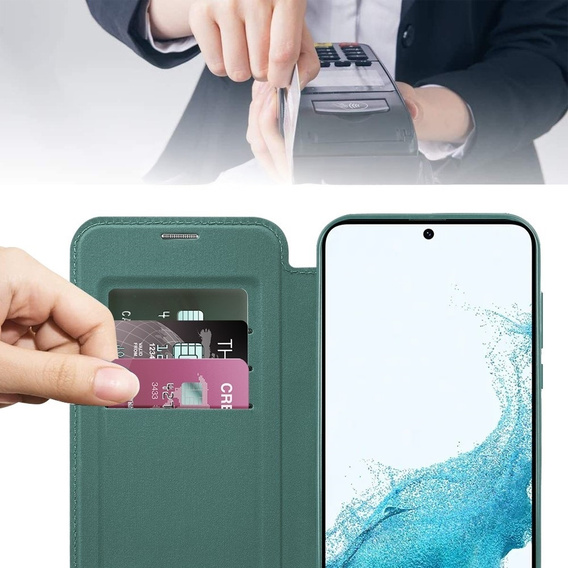 Klopové pouzdro pro Samsung Galaxy S22 5G, RFID Wallet MagSafe CamShield, zelené