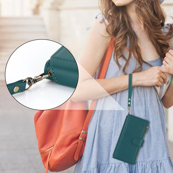 Klopové pouzdro pro Samsung Galaxy S24 Ultra, Wallet Zipper Pocket RFID, s popruhem přes rameno, černé